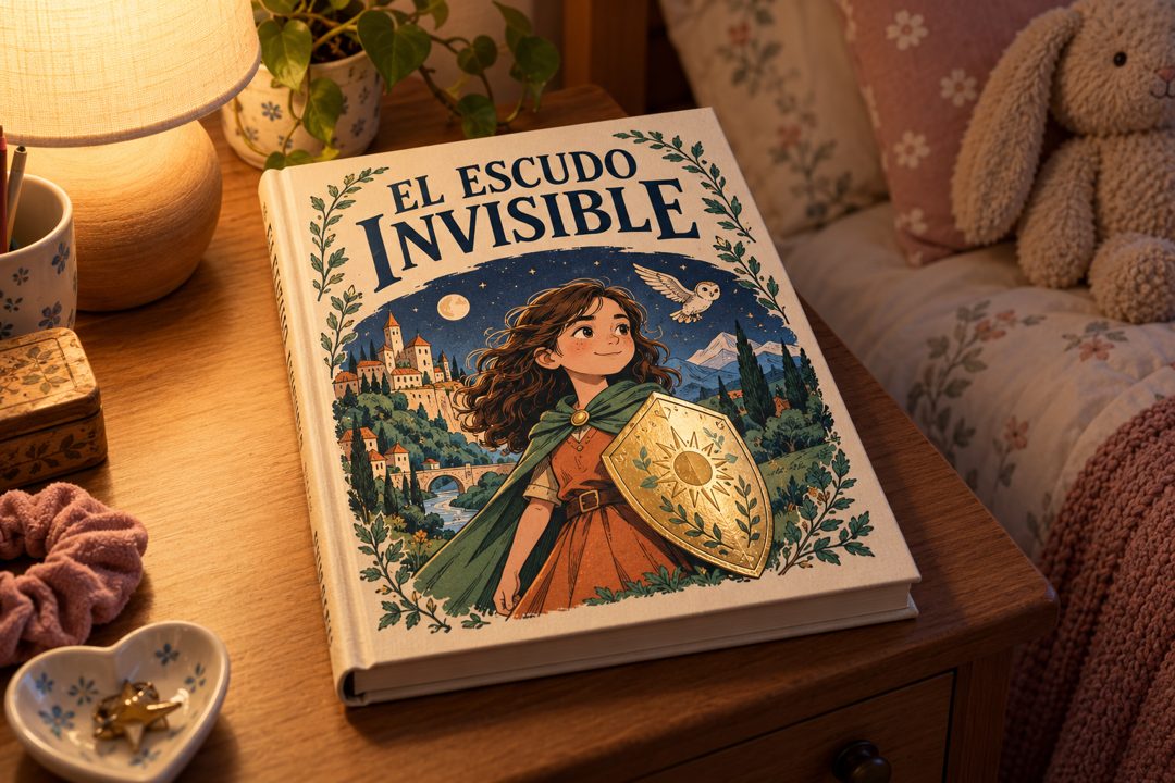Una nena abrazando el libro El Escudo Invisible